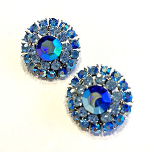 Vintage Clip On Earrings Silver & Blue AB Rhinestone Rounds Signed Amerique